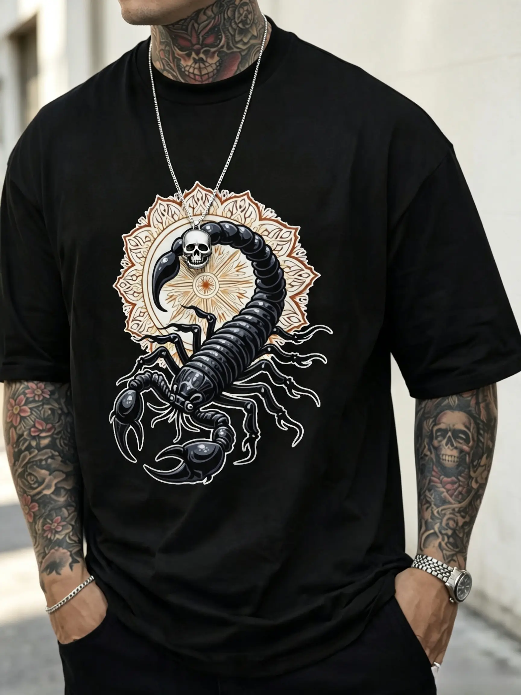 Men's Short-Sleeves Black Scorpion & Mandala Background Round Neck T-Shirt, Casual All-Season Menswear Top