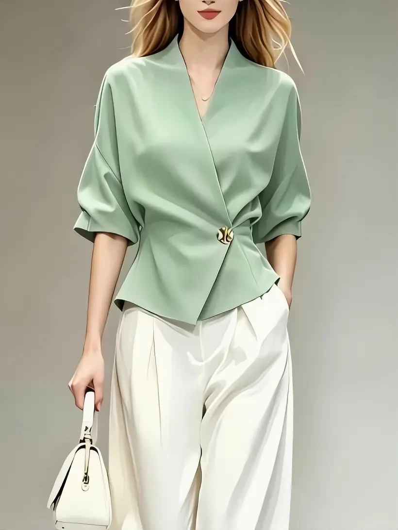Women Wrap V‑Neck Blouse Batwing Short Sleeve Metal Decor Twist Waist Slim Fit Shirt Elegant Minimalist Style Business Work Top For Office Daily Dating Cocktail Party Going‑Out Spring Summer Outfits