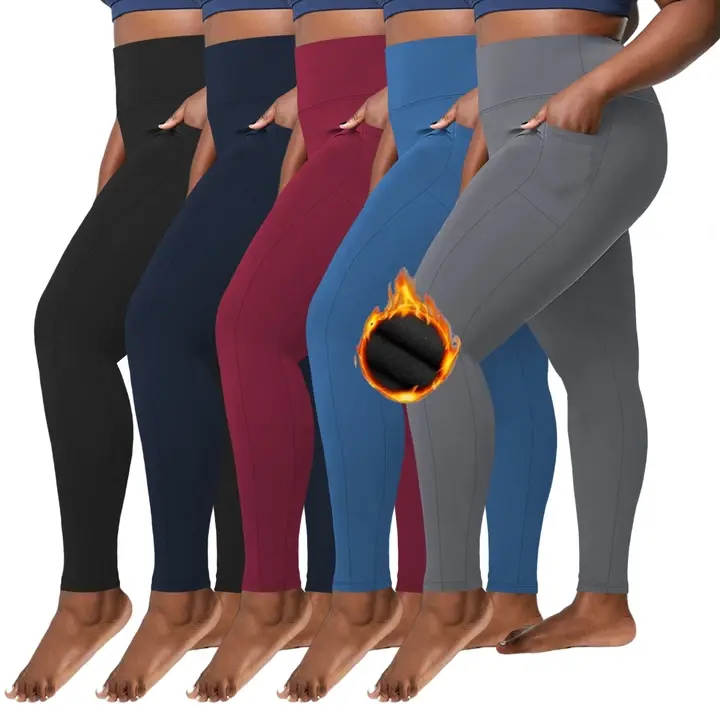 Women's Plus Size High Waisted Fleece Lined Compression Leggings - 3/5 Pack, Stretchy XXL-5XL, Thermal Pockets, 92% Polyester 8% Spandex, Plaid Style Bottoms, Activewear for Fitness, Winter Athletic Casual Pants