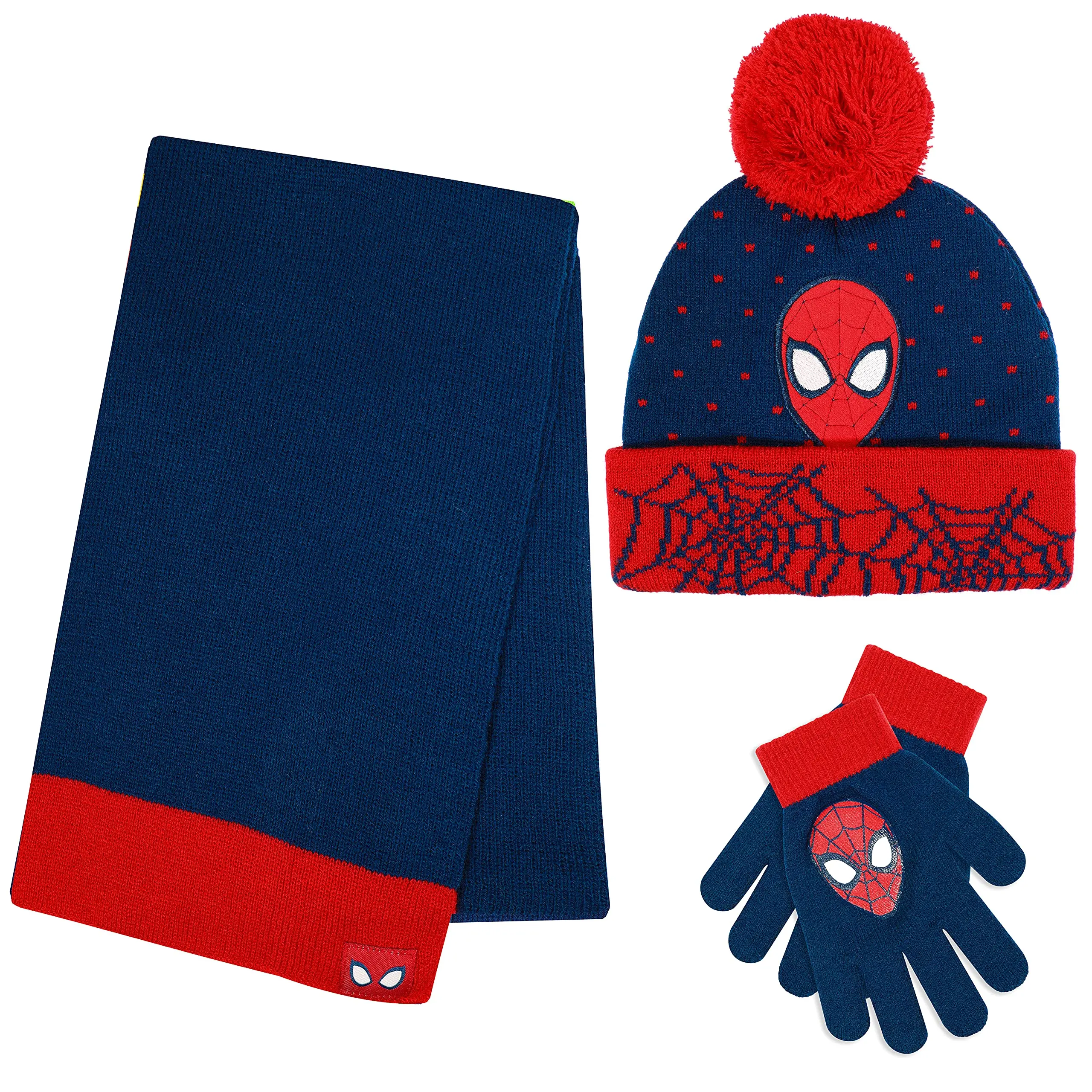 Marvel Spider-Man Kid’s Winter Hat Snow Gloves and Scarf for Boys and Toddlers 3 Pc Set Warm Pom-Pom Beanie with Accessories, 3-4 Years