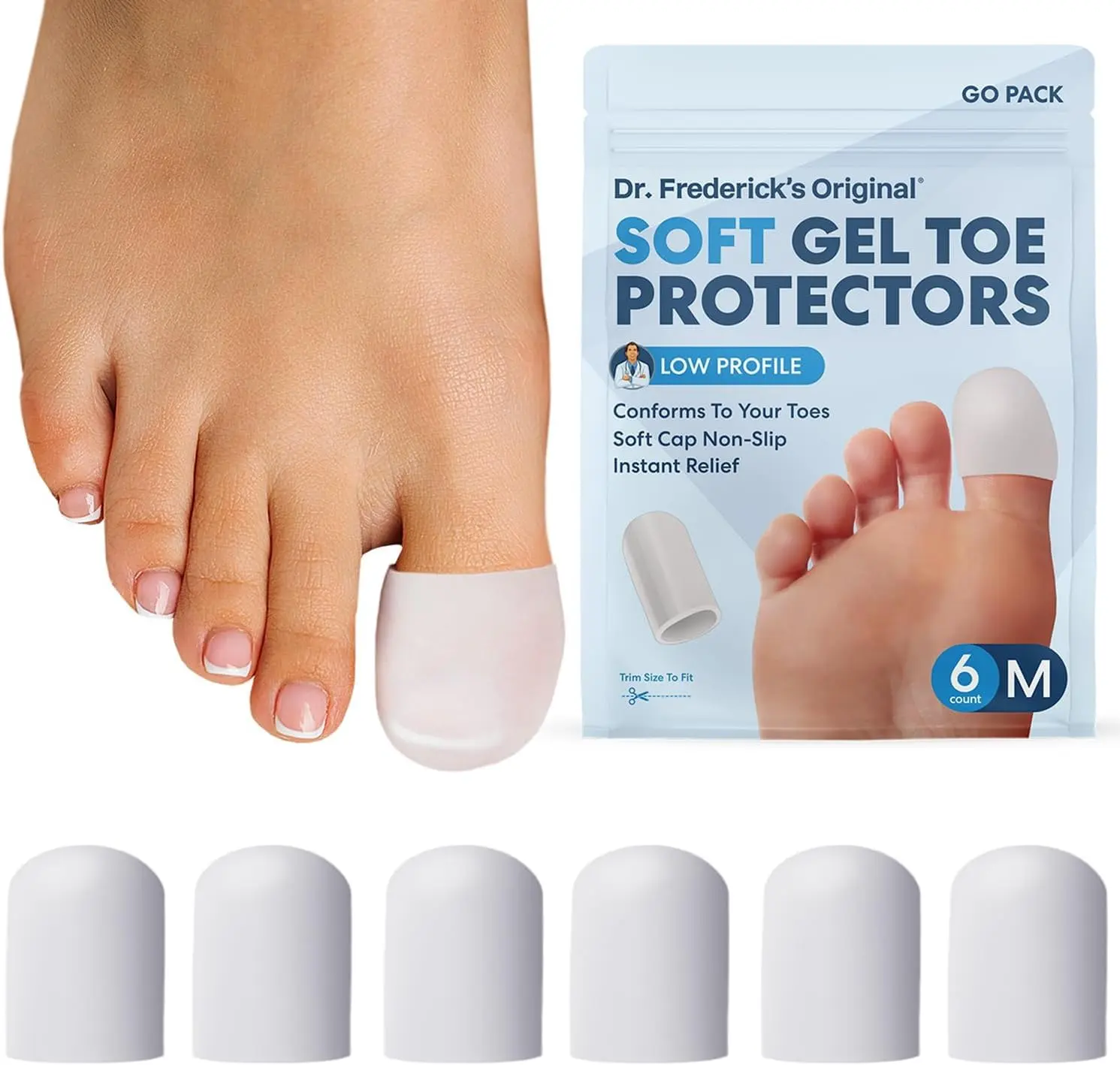Dr. Frederick's Original Gel Toe Protectors - 6 Count - Athletic Foot Pain Relief Caps for Adults, Walkers, Runners, Workouts, Reduces Shoe Rubbing, Prevents Blisters, Corns, Calluses, Ingrown Toenail Sleeves