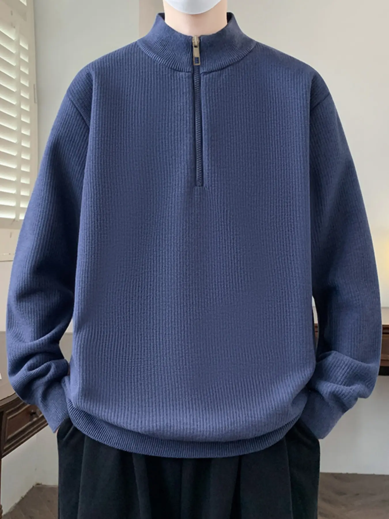 Men's Half-Zip Knit Sweater, Texture, Fleece Lining, Windproof Stand Collar, Smooth Zip, Ribbed Hem, Fall Winter Essential