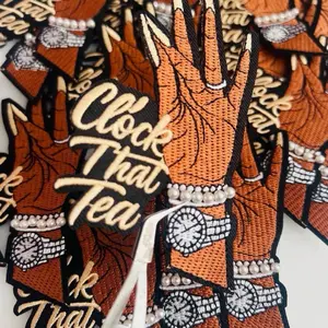 “Clock That Tea” Patch – Sassy Embroidered Hand with Pearls & Watch