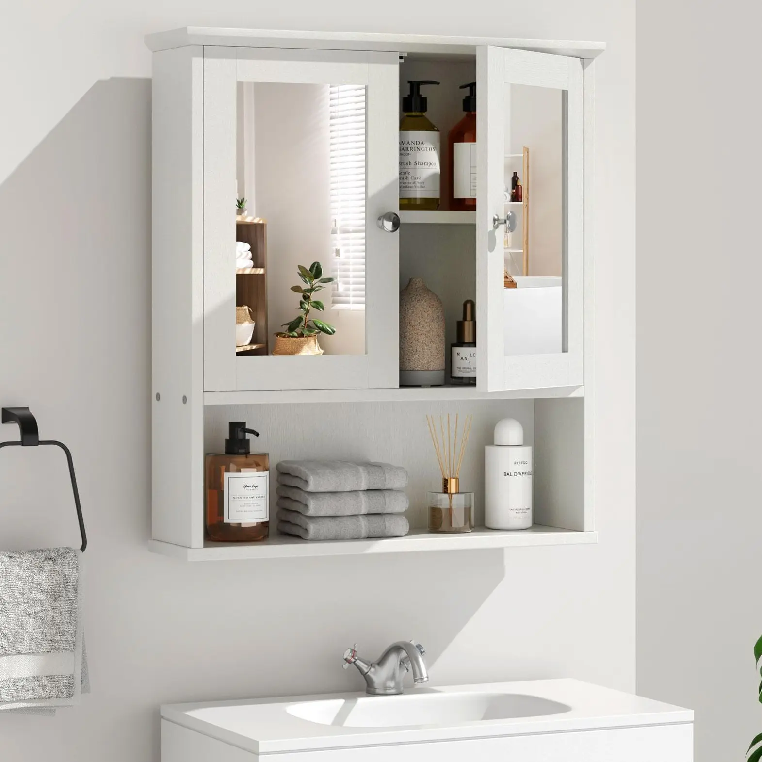 Walsunny Bathroom Medicine Cabinet, Wall Mount Storage Cabinet with Mirror, 2 Doors 3 Open Shelf, Wood Organizer Over Toilet/Laundry/Kitchen, White