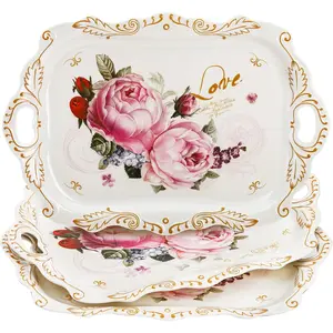 3-Pack Melamine Serving Tray, Stackable Food Tray with Handles for Eating, Unbreakable Large Serving Platter with Floral Print for Gift, Party, Decor, Home, Restaurant, 16"L x 11"W, Rectangle
