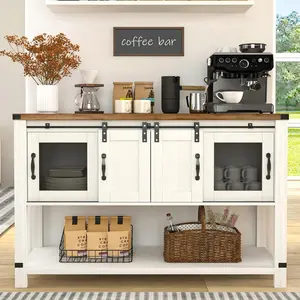 HOMBCK Farmhouse Coffee Bar Cabinet with Storage, 47'' Coffee Bar Table with Sliding Barn Door, Buffet Cabinet with Metal Mesh Doors, Console Table with Bottom Open Shelf