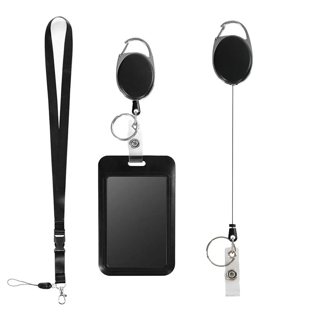 ID Card Holder Set, 1 Count Lanyard & 1 Count Badge Holder & 1 Count Keychain, Identification Badges Supplies for School Office Workers, Retractable Badge Holder, Retractable Badge Reel, Id Holders For Badges