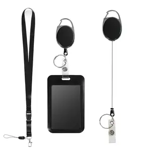 ID Card Holder Set, 1 Count Lanyard & 1 Count Badge Holder & 1 Count Keychain, Identification Badges Supplies for School Office Workers, Retractable Badge Holder