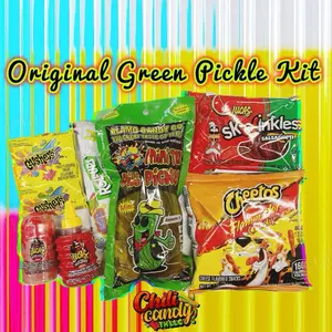 Original Green Dill Pickle Kit with Hot Cheetos, Liquid Chamoy Lucas, Powder Chamoy Lucas, Gushers, Fruit Roll Ups & Salsaghetti Skwinkles Snack Candy Kit