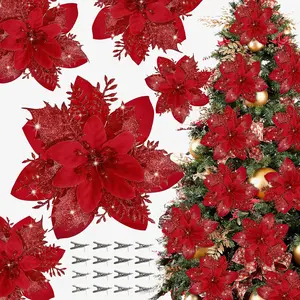16 count Poinsettia Flower Artificial Poinsettias with Clips Christmas Decor Glitter Poinsettia Christmas Ornaments Xmas Tree Flower Decorations with Stems DIY Xmas Wreath Holiday  Party Decor