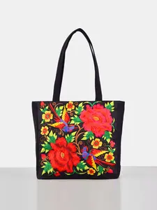 Women's Ethnic Floral Embroidered Fashionable Bucket Bag, Canvas Bag, Casual All-Seasons Design, Large Capacity & Stylish Carryall, Ideal for Daily Use, Women's Gift, Gift for Mother