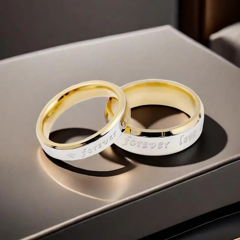 Couple Rings Forever Love Matching Bands Korean Minimalist Jewelry 18K Gold Plated Titanium Steel Finger Rings His Hers Promise Stackable Rings Hypoallergenic Fade Resistant Comfort Fit Anniversary Valentine Engagement Daily Gift