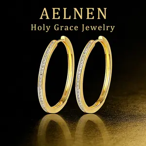 AELNEN S925 Sterling Silver Gold-Plated Cubic Zirconia Fashionable Hoop Earrings - Pave CZ Accented Oval Huggie, Classic Style Earrings for Women