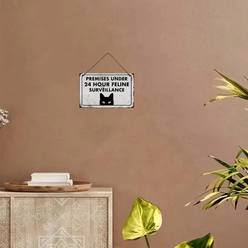 24-Hour Cat Surveillance Sign with Black Cat Silhouette Aluminum Wall Plaque Modern Home Security Deterrent Decorative Warning Sign