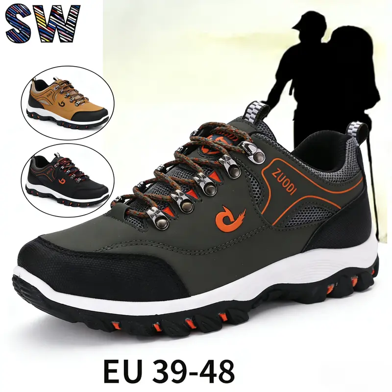 Male Lace-Up Synthetic Low Top Hiking Shoes - Round Toe, Waterproof, Lightweight, Breathable, Soft, Flexible Rubber Sole, All-Terrain Off-Road Laces Casual Trainers for Outdoors, All Seasons