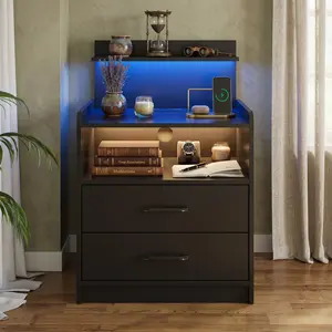 LED Nightstand With Charging Station, 2 Drawers & Open Storage, Bedside Table with LED Lights, Modern End Table with USB Ports & Outlets for Bedroom Living Room