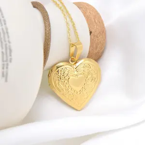 Vintage Gold Heart Locket Necklace Engraved Floral Photo Pendant | Aesthetic Victorian Jewelry for Women | Waterproof Stainless Steel