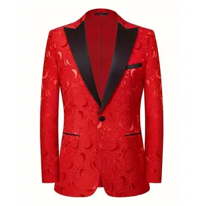 Men's Semi Formal One Button Blazer,Elegant Suit Jacket, Suitable for Business Party Dinner Tops Long Sleeve Casual Red Beige Collar