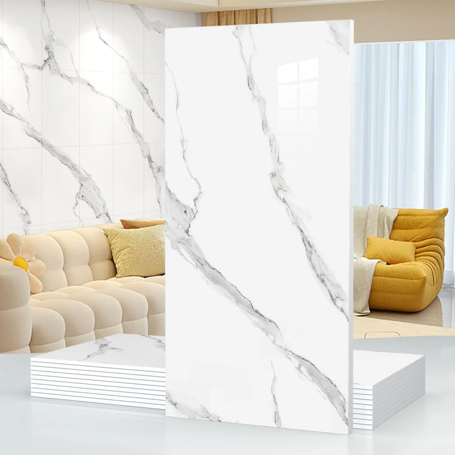 Self-Adhesive White Marble PVC Decorative Tile Stickers (11.8x23.6in) - 10/20 Packs, 19.4 Sq Ft, Waterproof, Heat-Resistant, Durable, Flat, Glossy Marble Backsplash Wallpaper for Kitchen, Bathroom Walls