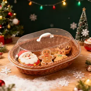 Woven Bread Basket with Transparent Acrylic Dust Cover, Durable Washable Food Tray for Christmas Baking Desserts Fruits