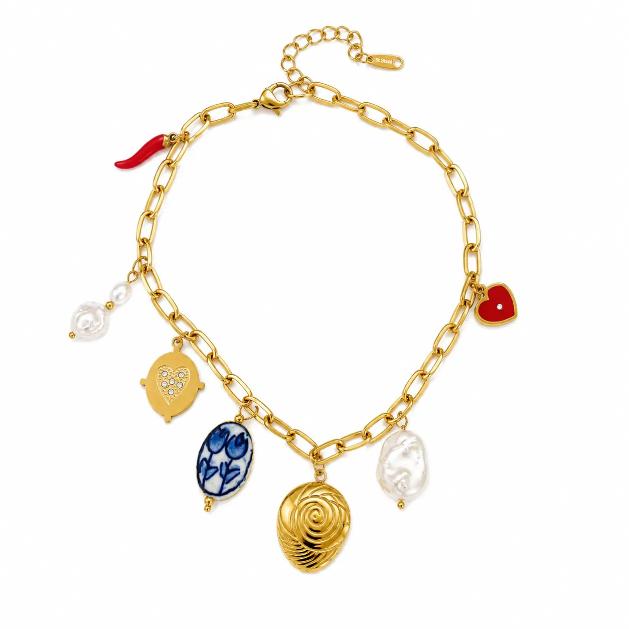 Multi Charm Amalfi Necklace 316L Stainless Steel 18K Gold Plated Cable Chain with Pearls Heart Rose Pendant - Waterproof Non Tarnish Statement Jewelry For Women