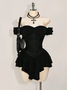 Women's Off-Shoulder A-Line Chiffon Mini Dress Gothic Jacquard Ruffle Trim with Tie Waist Elegant Party Dress for Wedding Guest Vacation Dinner Club Night Out