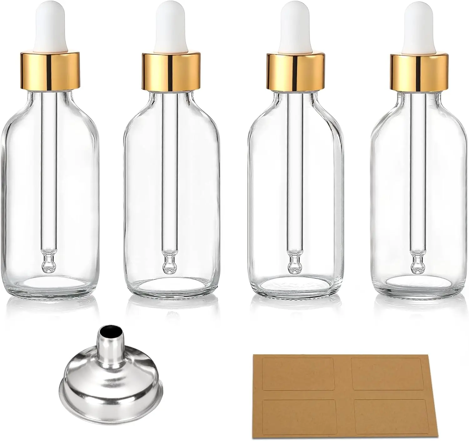 Set of 4, 2 oz Golden Cap Clear Dropper Bottles (60ml) with 1 Funnel & 4 Labels - Glass Tincture Bottles for Essential Oils with Eye Droppers - Leak Proof Travel Bottles for Liquids