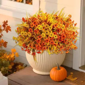 Artificial Mums Fall Flowers for Outdoors, 12 Bundles Fake Mums Faux Plants for Outdoor Planters Autumn Decorations,UV Resistant Silk Flowers for Front Porch Garden Patio Home Decor Hanging