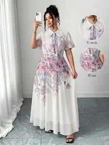 Women's Elegant Chic Feminine Floral Printed Ruffled Dress, Loose Fit High Waist, Bow Tie Neckline, Fashionable Casual & Formal Wear Womenswear