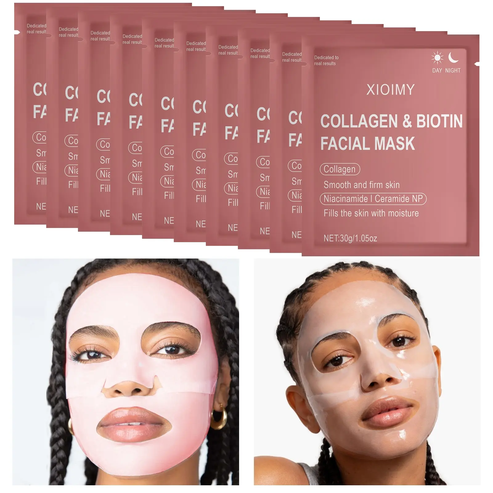 10pcs Gentle Collagen and Biotin Face Masks, Alcohol-Free Low-Allergen Hydrating Smoother Facial Masks for Smooth, Bright Skin on All Skin Types, Collagen Moisturizing Mask, Skin Care Mask