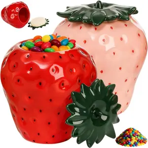2 Pack Strawberry Storage Jars, 14 OZ Ceramic Cookie Containers with Airtight Lids, Cute Sugar Canisters Set, Candy and Coffee Bean Jar for Flour Nut Tea Spices Grains, Kitchen Farmhouse Decor