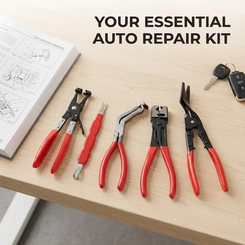 5-Pieces Automotive Repair Tools Kit - Upgraded High-Carbon Steel Set for Durability, Including Straight Pliers, 60° Angled Pliers, Hose Clamp, Trim Clip & Connector Removal Tools for Home Garages’ Car Wiring Harness