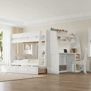 Full over Full Bunk Bed with Desk and Storage Drawers, Multifunctional Wooden Bunk Bed Frame with Bookshelves, for Teens Adults