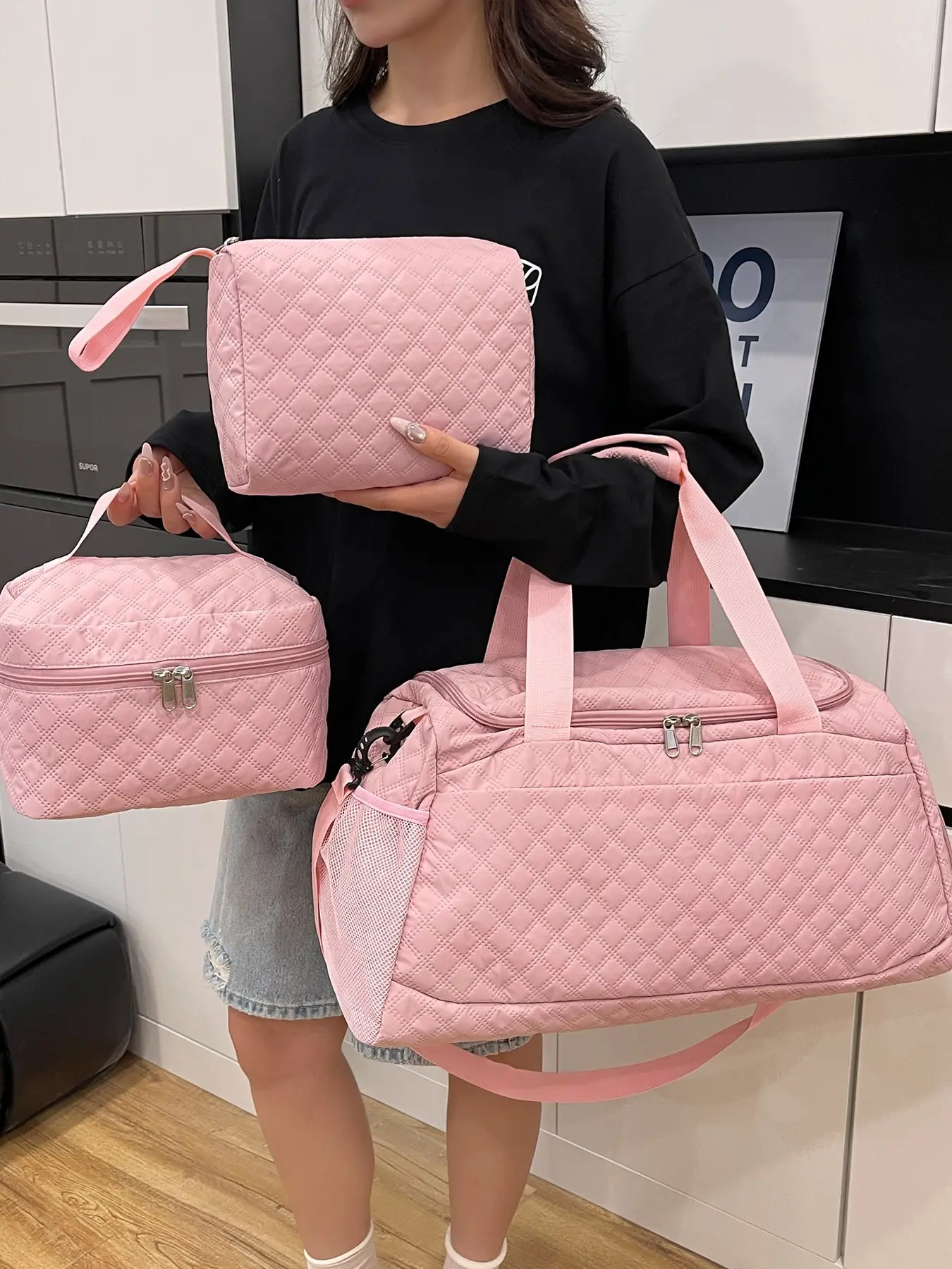 3pcs  Portable travel bag, Multifunctional Travel Duffels, solid color multifunctional women's handbag, shoulder bag, zipper closure, suitable for fitness, business travel, large capacity women's travel bag, Fashionable Duffel Bag, Travel Bag Set