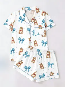 Cute Bear Butterfly Blue Bow Print Pajamas Set, Short Sleeve T-Shirt and Shorts Cardigan Two-Piece, Casual Home Wear for All Seasons