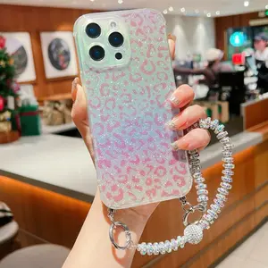 Colorful Gradient Leopard Print Phone Case Cover with Sparkling Beads Strap, Portable for iPhone 17 16 15 12 13 X/XS, Daily Use and Travel