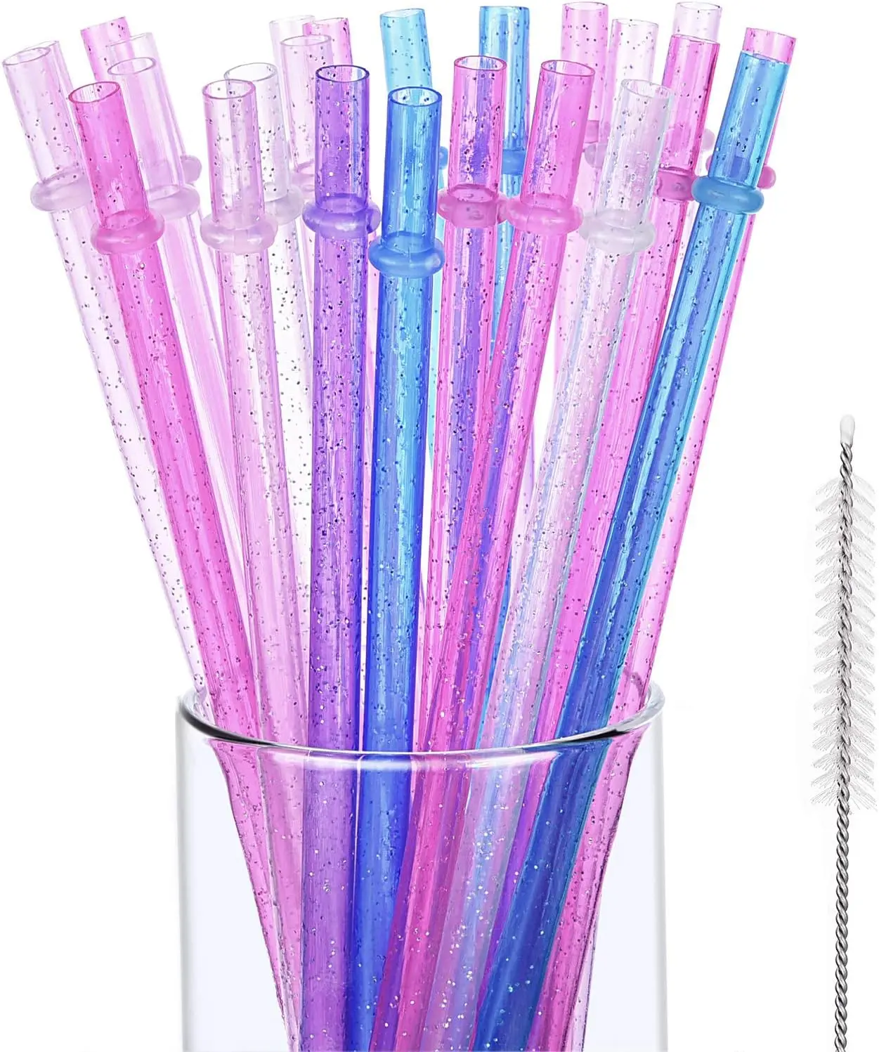 25 Pcs Glitter Reusable Plastic Straws 9 Inches Long Hard Plastic Straws with Brush 6 Colors Translucent Replacement Drinking for 16oz-30 oz Tumblers