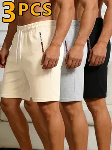 Men’s casual athletic shorts, 3-pack — summer knit, soft and breathable; elastic drawstring waist, zippered pockets; available in multiple colors; suitable for running, fitness, training, casual outings, beach vacations, holiday at home; an ideal choice f