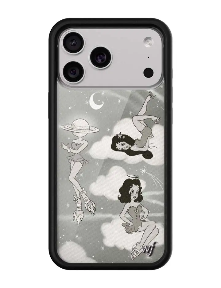 Rachel Sennott Collab | Limited Edition Trendy Collab iPhone Case | Raised Protective Black Bumper | Women Owned Small Business | Black and White Collaboration Aesthetic Planets Starry Clouds | Safety Casing Protective | Gift for Her