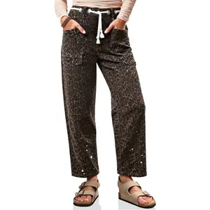 Cicy Bell Women's Baggy Barrel Horseshoe Jeans Leopard Wide Leg Drawstring Vintage Denim Pants with Front Pockets Minimalist Streetwear Bottoms