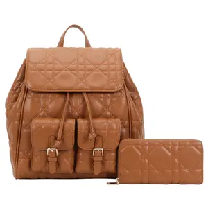 Women’s Quilted Backpack with Wallet, Soft PU Leather Laptop Backpack for Work, School & Travel