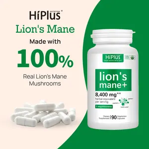 HiPlus Lions Mane Supplement with L-Ergothioneine | Ultra Strength, 8,400 mg Herbal Equivalent | 90 Vegan Capsules