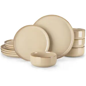 PLAYA Plates and Bowls Sets,12 Pieces Brown Dinnerware Sets for Kitchen, Reactive Glaze Dishes Set for 4, Dishwasher and Microwave Safe