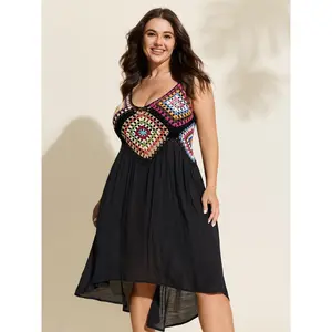 BLOOMCHIC Plus Size Colorful Geometric Print Crocheted Swim Cover-Up [M-6X]2026 Summer Vibes Swimweek
