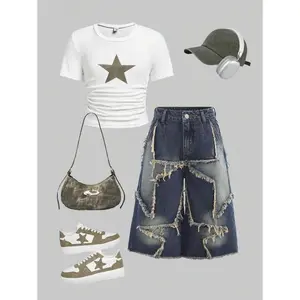 Tween Girls Y2K Vintage Washed Star Patched Printed,Belt Loop, Frayed Edge,Denim Capri Baggy Jeans Long Shorts With Raw Hem, Casual & Fashionable For Everyday Wear,School,Streetwear