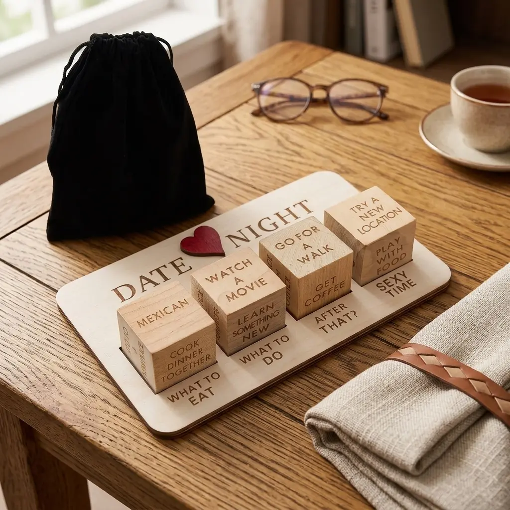 Wooden Dice Game Set for Couples - This portable and creative wooden dice game set is a perfect party gift. The set includes a storage bag (containing 5 dice).