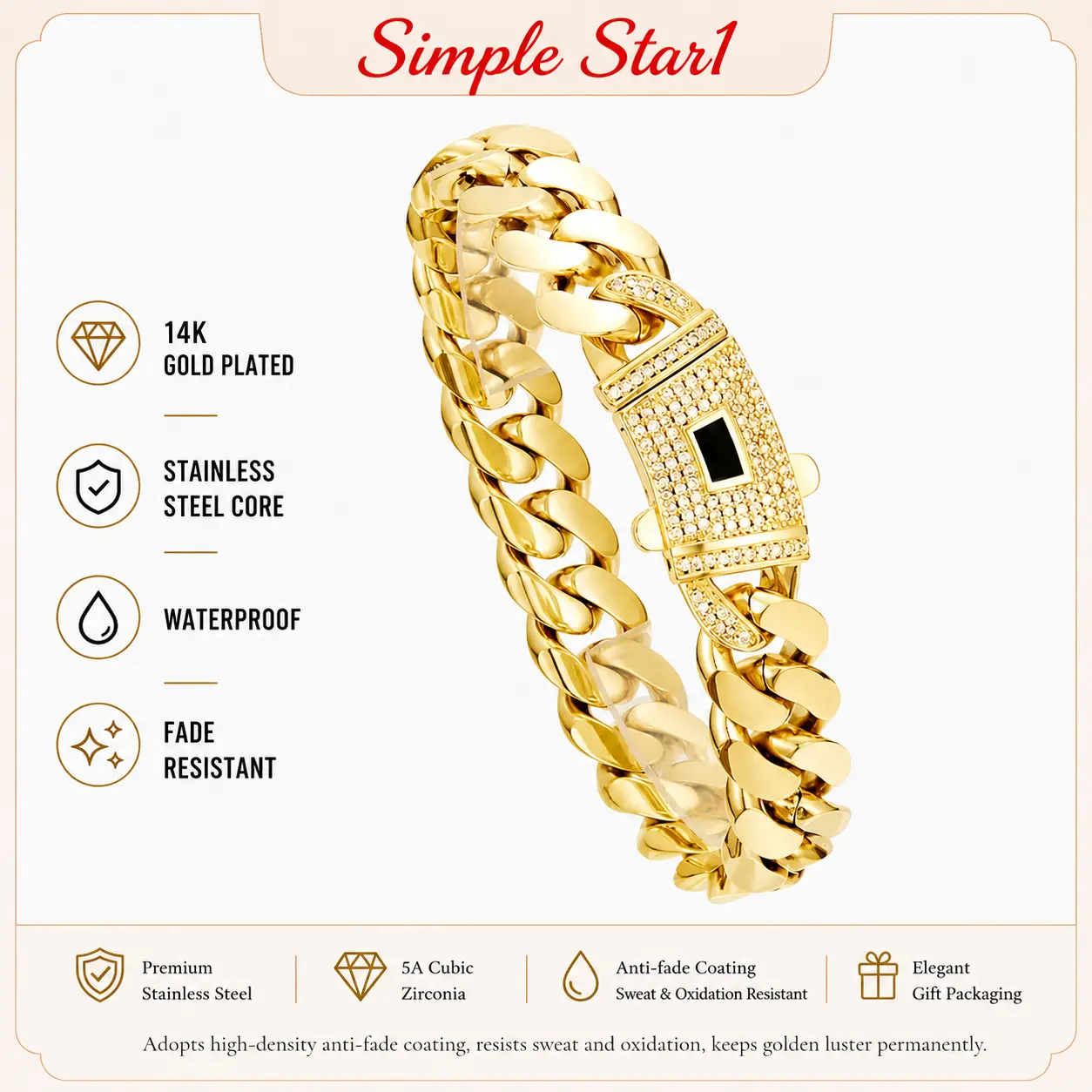 New Arrival 14K Gold Plated Cuban Bracelet with Zirconia Hip Hop Waterproof Unisex Jewelry - Men's Accessories, Beach Essentials, Men's Bracelets, Available in 6MM-14MM, Luxury Sparkling Bracelet for Men Women,  Preserved   Acrylic   permanent  bracelet