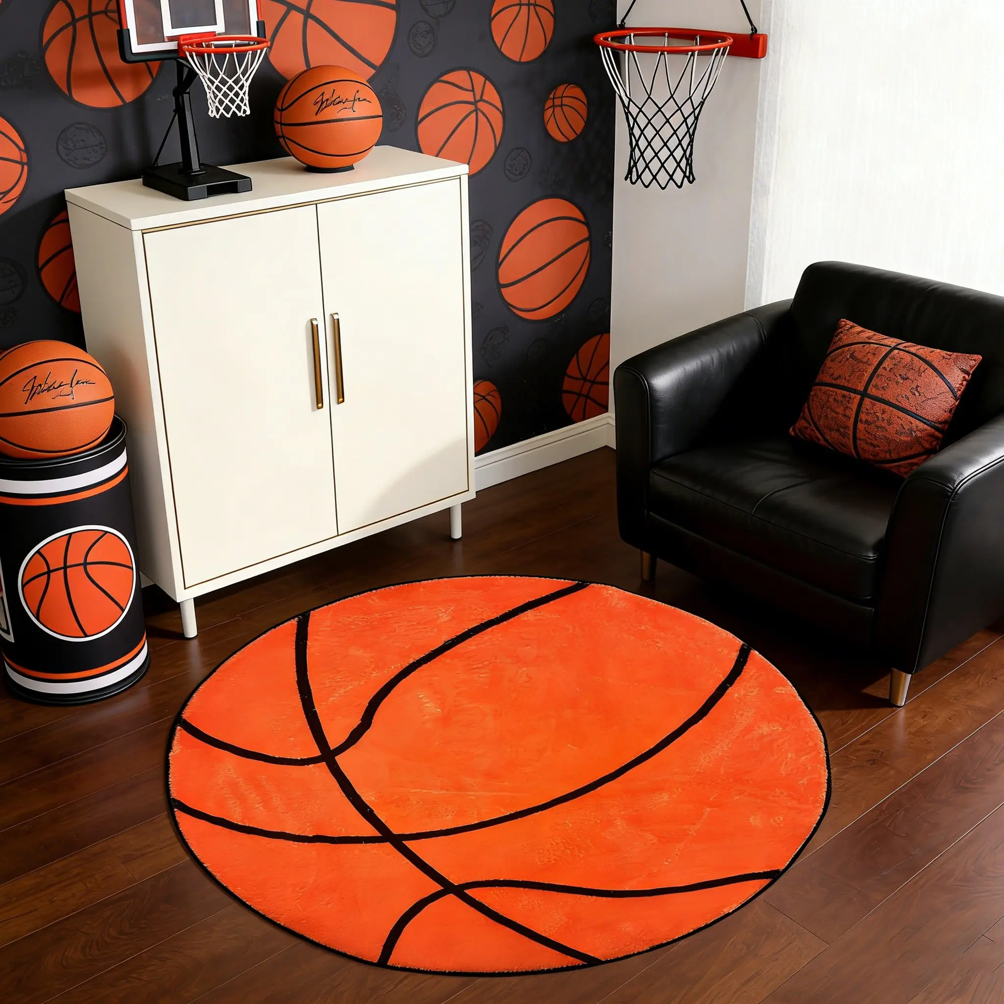 Basketball Lover Carpet, Round Basketball Shaped Mat, Soft Non-Slip Rug, Home Decor Rugs, Soft Area Rug, Decorative Rug, Floor Rug, Easy Clean, Indoor Decor for Living Room Bedroom