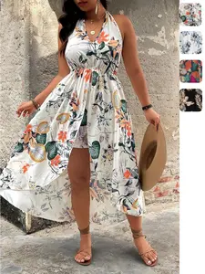 【Plus Size】 Two-piece Set Floral Print Split Hem Top & Shorts Set Sleeveless, Boho Casual Two-piece Outfits for Beach Vacation Holiday, Women's Clothes for Summer, Bohemian, Fashion Style Sets, Womenswear