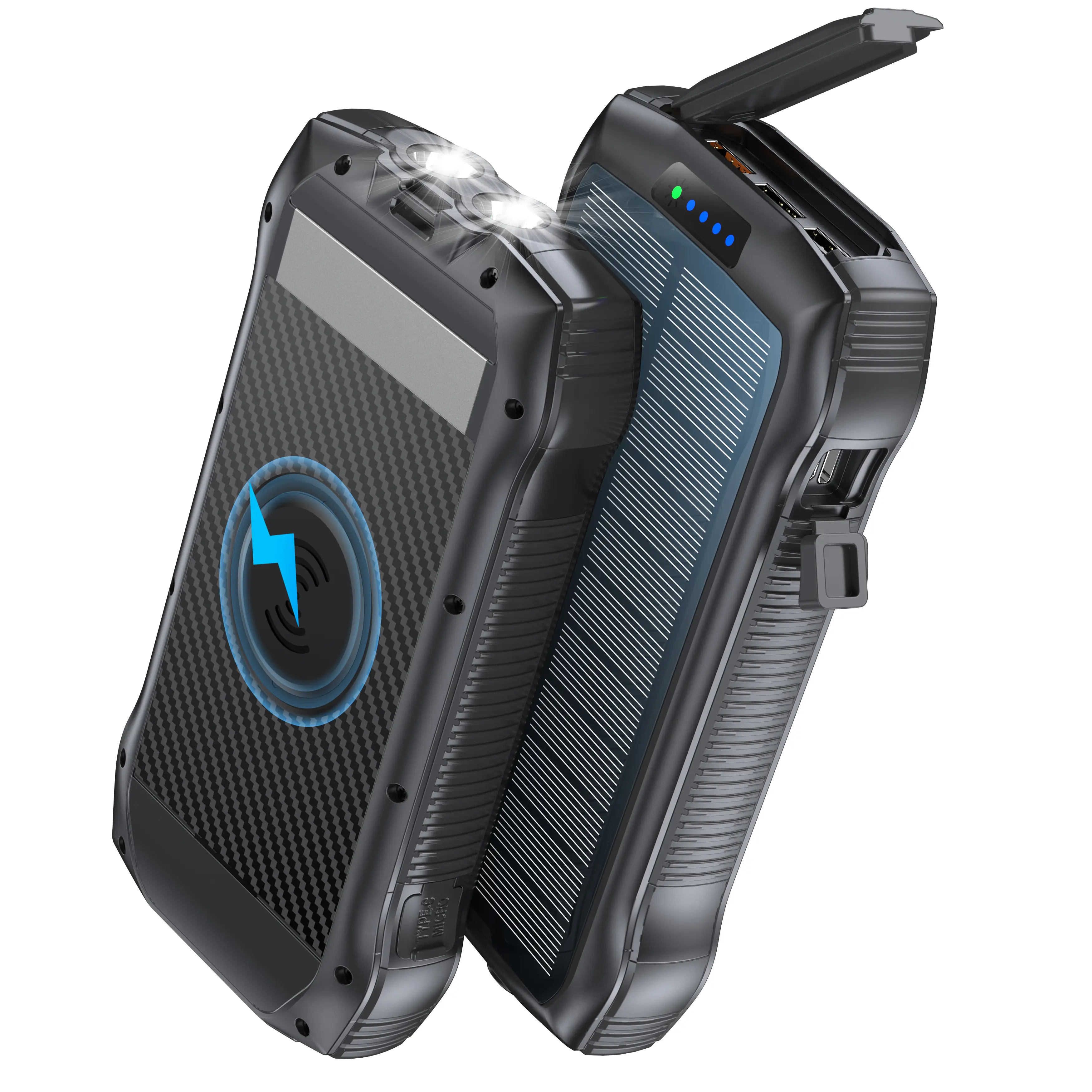 citicr 33500mAh solar power bank, with 5 built-in wireless charging output ports for efficient charging, QC3.0 fast charging battery pack, 2 flashlights, waterproof and dustproof, suitable for outdoor camping, hiking and other electronic devices